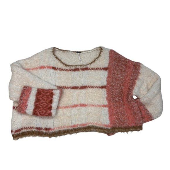 *Free People Sweater Womens Size XL Pullover Knit Crop Striped Pink Fuzzy Boho - Picture 2 of 7